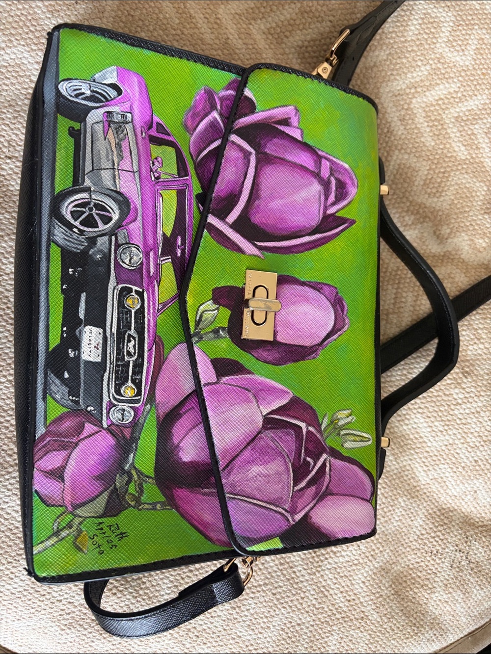 Hand-Painted Floral Green & Purple Crossbody Bag